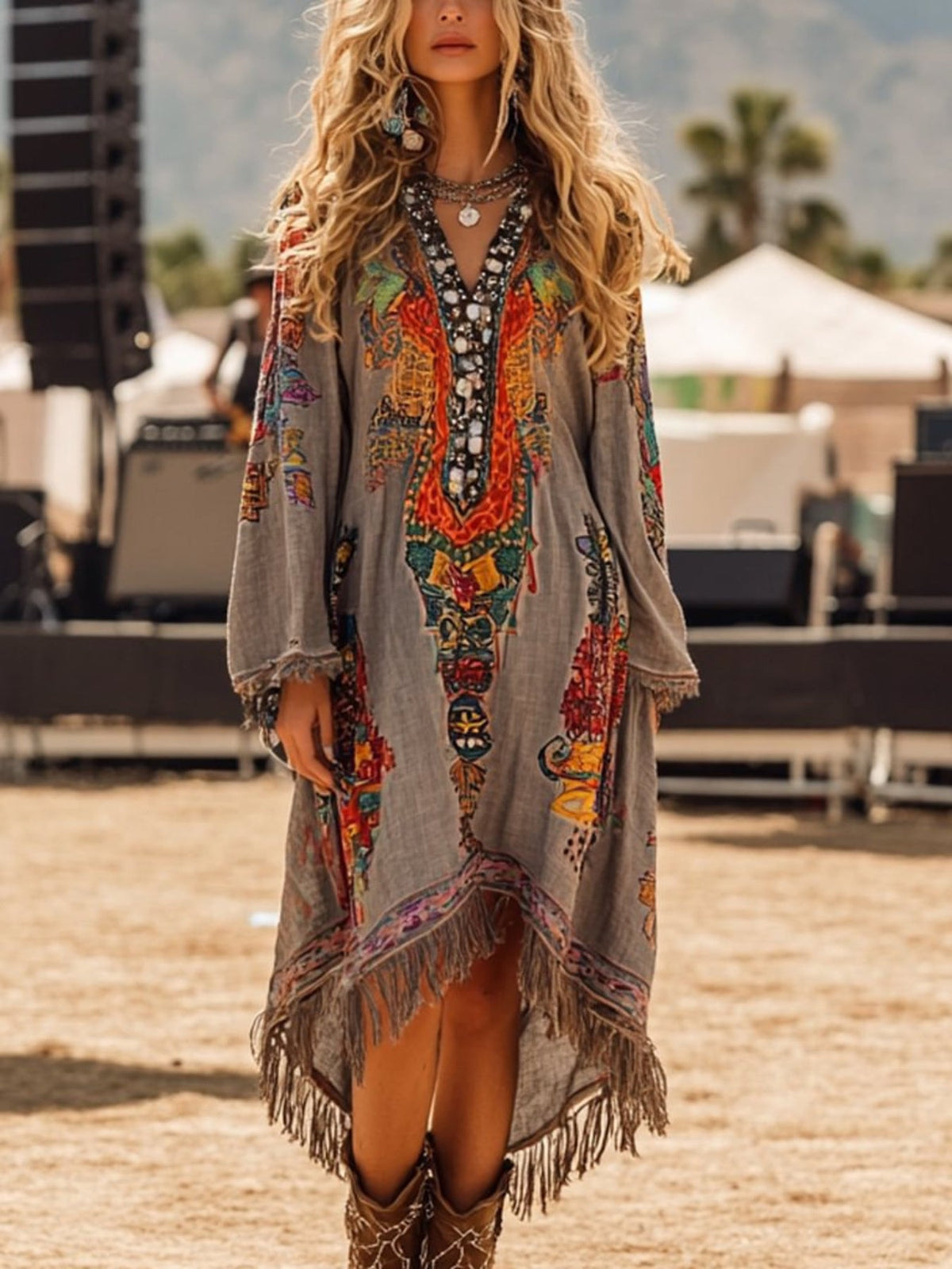 Fringe Hem Notched Long Sleeve Dress