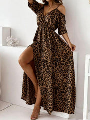 Leopard Print Cold Shoulder Slit Maxi Dress
