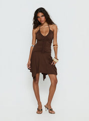 Angiana Halter Asymmetrical Mini Dress Chocolate Brown