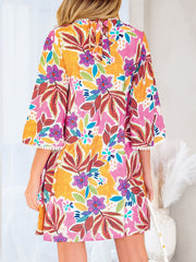 Floral Print Lace Trimmed Tie Back Bell Sleeve Swing Mini Dress
