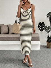 Striped Knit Twisted Bodycon Midi Dress