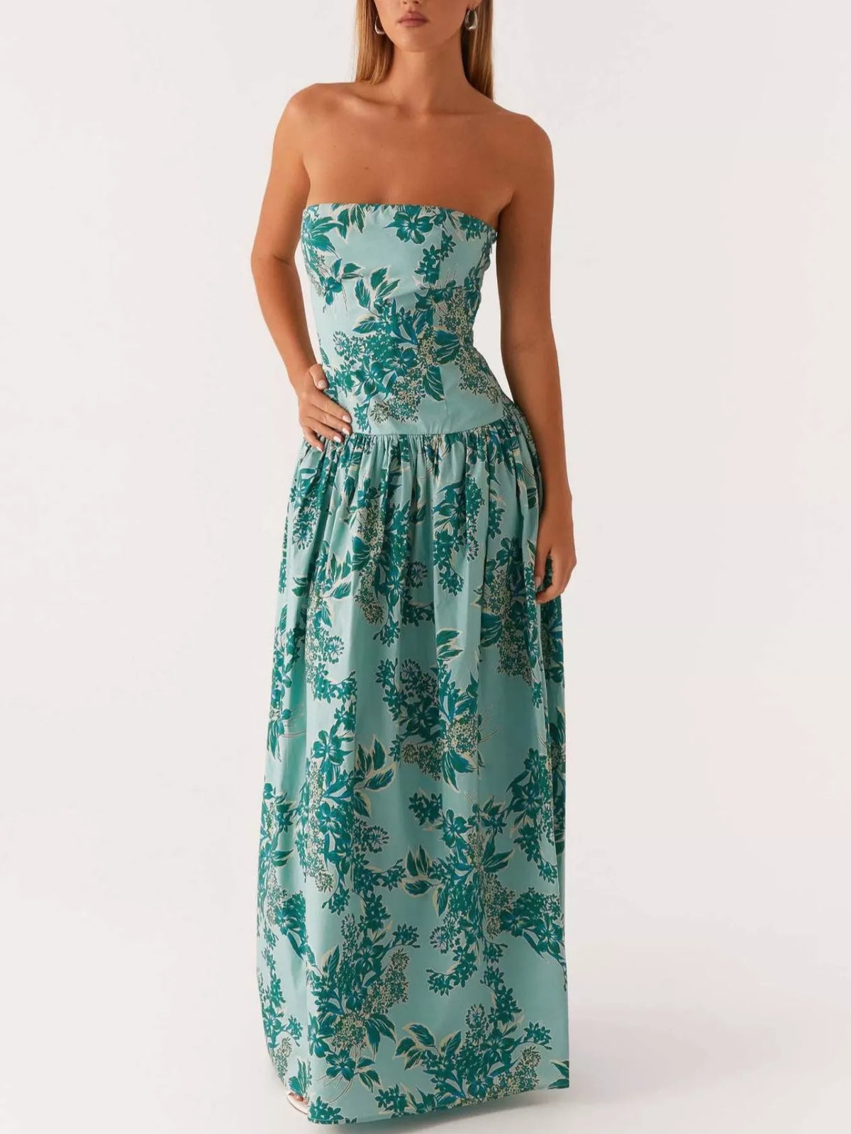 Ruched Printed Tube Maxi Dress