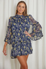 Beatrix High Neck Balloon Sleeve Dress Floral Midnight Blue