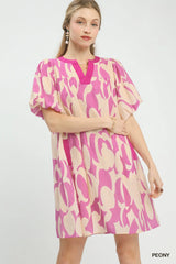 Umgee Abstract Print Puff Sleeve Shift Dress