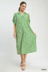 Umgee Printed Puff Sleeve Midi Dress with Pockets