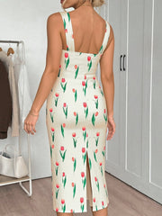 Tulip Print Twist Front Slit Cami Dress