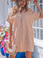 Stripe Pinched V Neck Turn-up Cuffs Shift Mini Dress