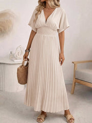 Pleated V-Neck Midi Dress