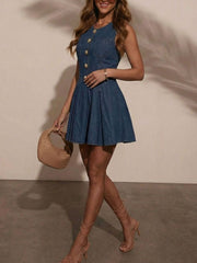 Button Decor Sleeveless Denim Dress