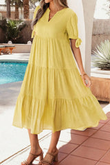Gingham Textured Bow Tie Short Sleeve Tiered Midi Dress