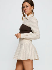Belva Long Sleeve Corset Shirt Mini Dress Brown Stripe