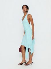 Moonlit Honey Asymmetrical Halter Jersey Midi Dress Turquoise