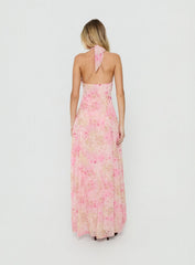 Dandelions Halter Maxi Dress Pink Floral
