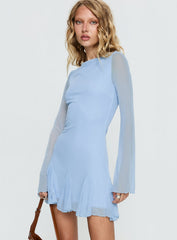 Evita Long Sleeve Pleat Mini Dress Sky Blue