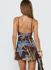 Isakaia Beaded Mini Dress Brown Floral