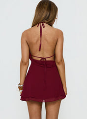 Dream Of Me Wrap Halter Mini Dress Burgundy
