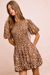BiBi Leopard Bow Tie Attachable Puff Sleeves Dress