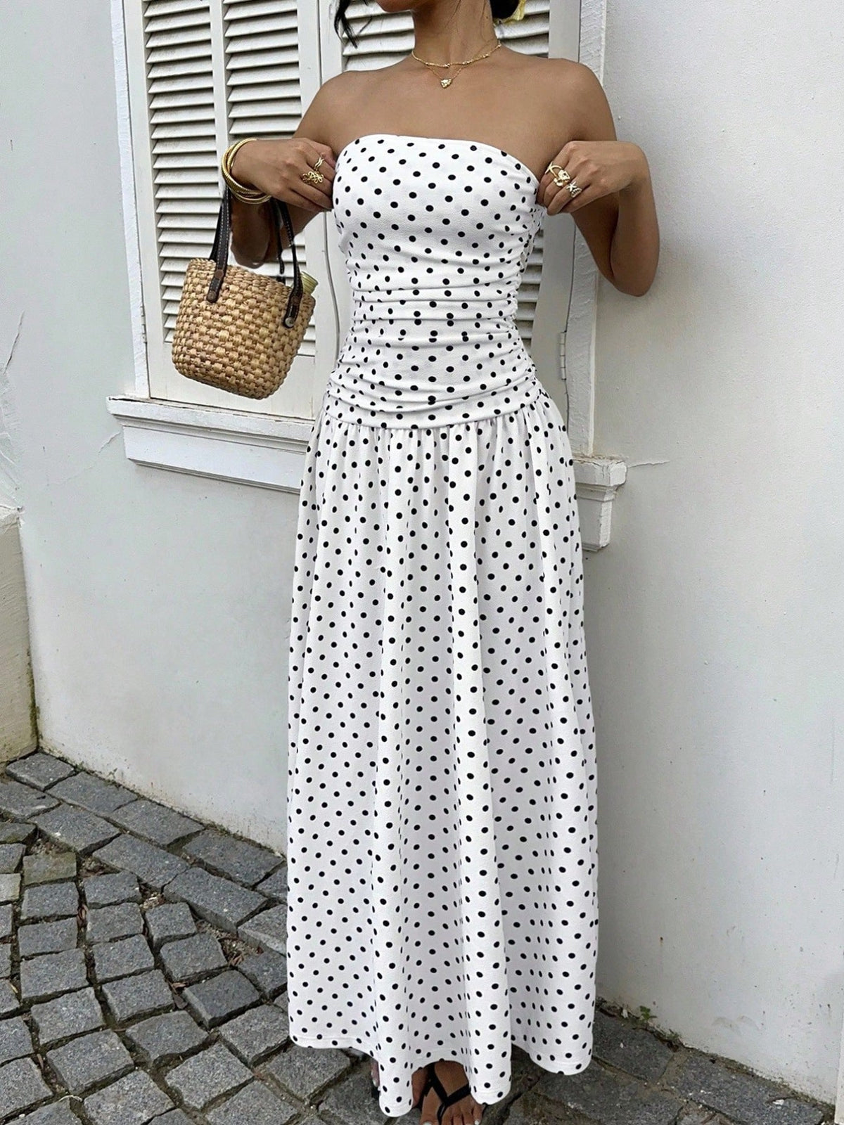 Polka Dot Ruched Strapless Maxi Dress