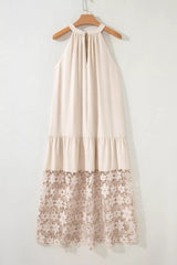 Hollowed Floral Lace Hem Patchwork Loose Halter Summer Dress