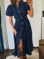 Belted Button-Down Midi Denim Dress