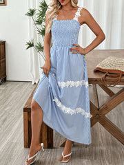 Striped Smocked Lace Trim Midi Dress