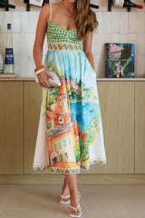 Gingham Bodice Scenic Print Midi Dress