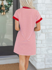 Stripe Quarter Zip Polo Collar T Shirt Dress with Pockets