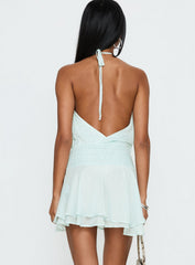 Rozario Chiffon Halter Mini Dress Aqua / Silver