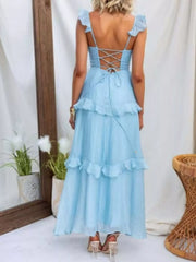 Ruffled Lace Up Back Maxi Dress