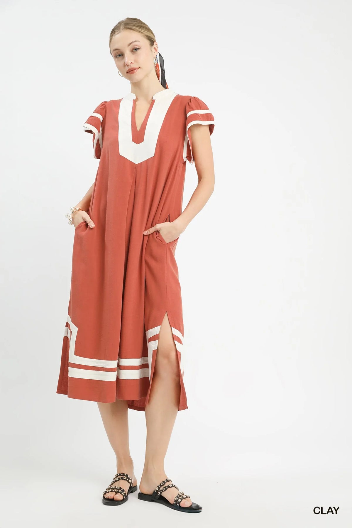 Umgee Linen Cotton Contrast Neckline Midi Dress