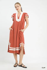 Umgee Linen Cotton Contrast Neckline Midi Dress