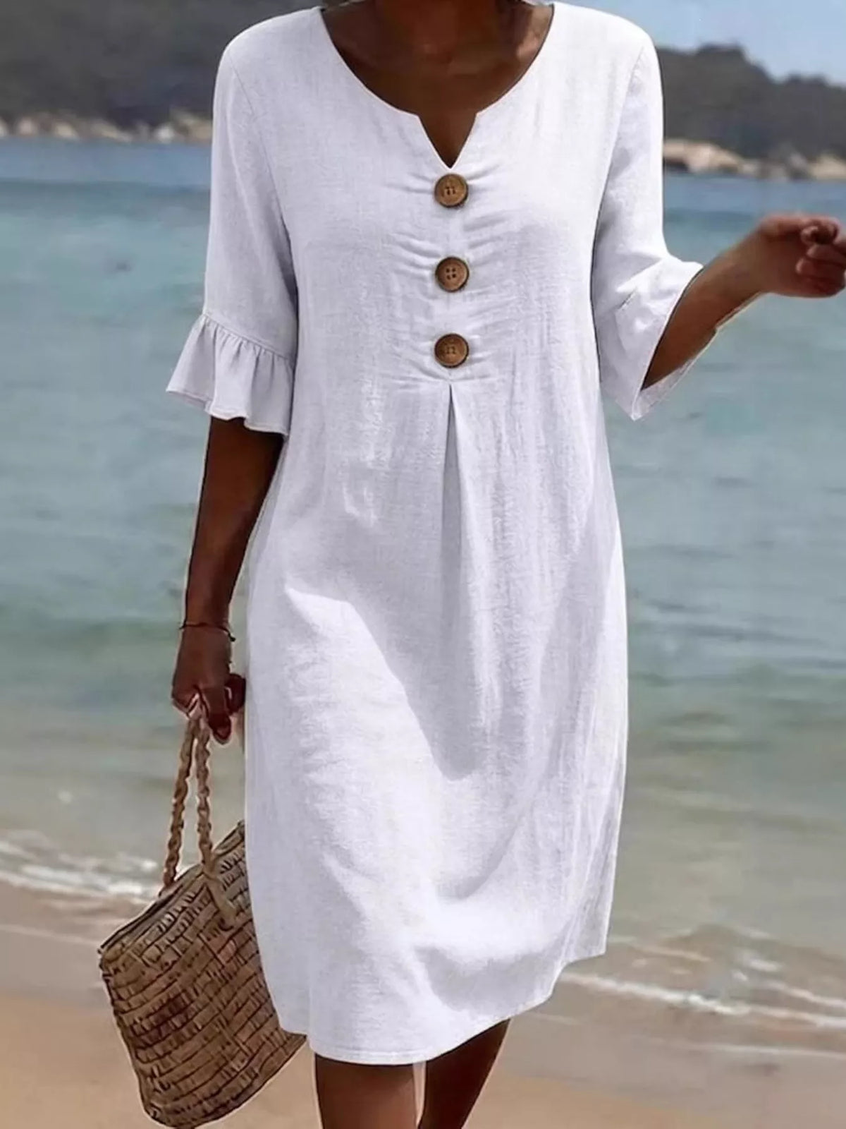 Full Size Button Decor Flounce Sleeve Dress Plus Size