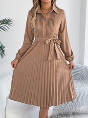 Pleated Tie Waist Balloon Sleeve Dress