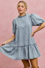 SO ME Denim Short Sleeves Mini Tiered Dress