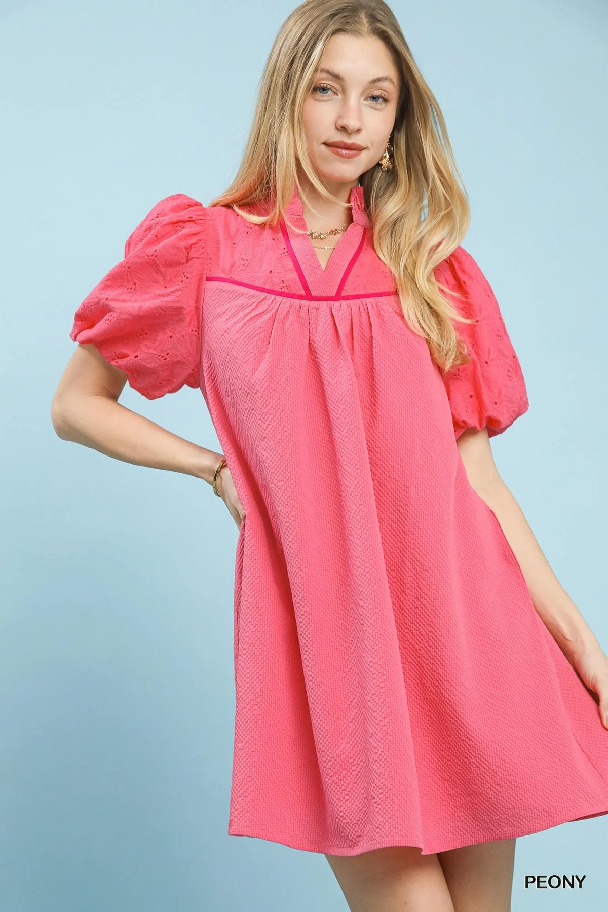 Umgee Puff Sleeve Textured Babydoll Dress