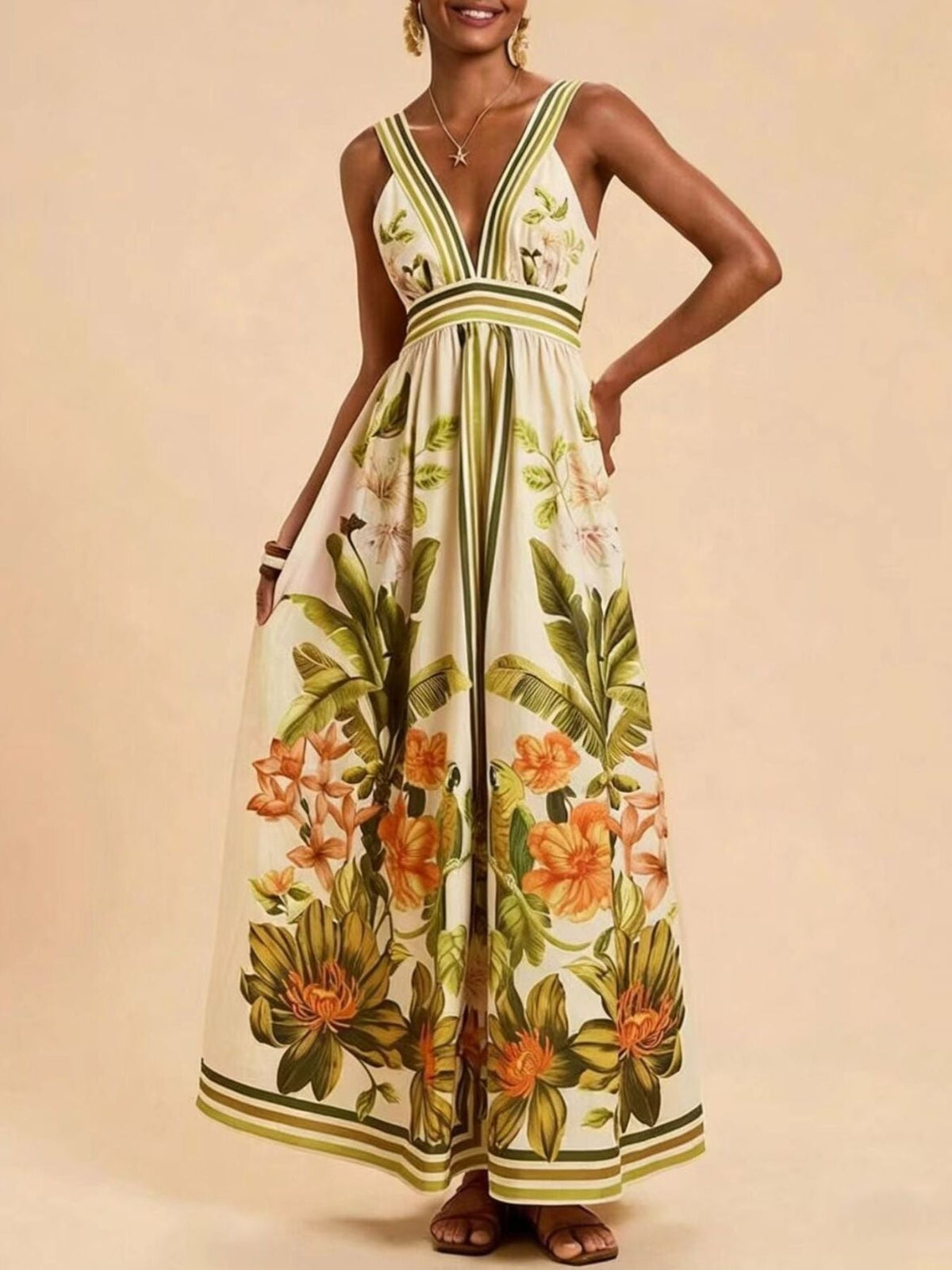 Tropical Print V-Neck Maxi Dress