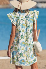 Floral Print V Neck Triple Ruffle Short Sleeve Shift Mini Dress