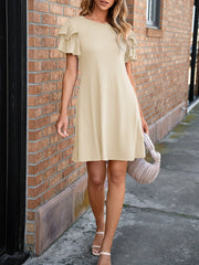 Solid Color Round Neck Double Ruffle Short Sleeve Dress
