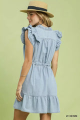 Umgee Chambray Ruffled Denim Dress with Side Pockets