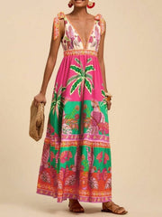 Tropical Print Tie-Shoulder Maxi Dress