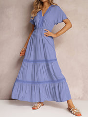 V-Neck Short Sleeve Tiered Maxi Dress
