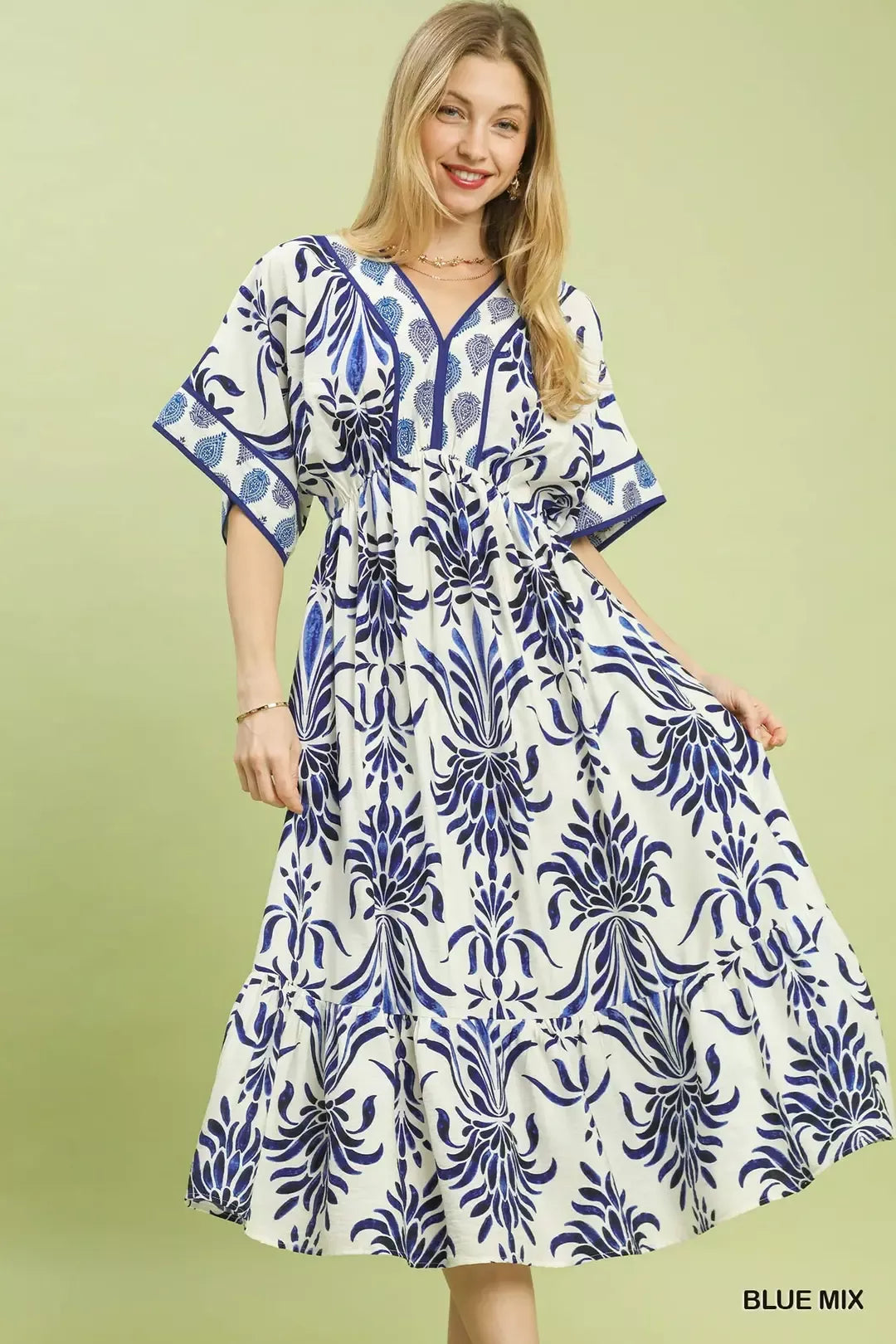 Umgee Mix Floral Border Midi Dress with Pockets