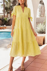 Gingham Textured Bow Tie Short Sleeve Tiered Midi Dress