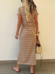 Stripe Short Sleeve Side Slit Maxi T Shirt Dress