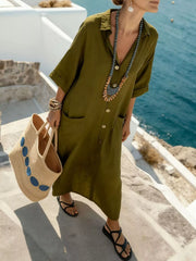 Button Front 3/4 Sleeve Maxi Dress
