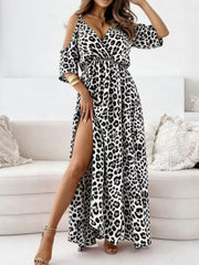 Leopard Print Cold Shoulder Slit Maxi Dress