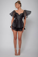 Aphrodite Angel Sleeve Layered Romper Black