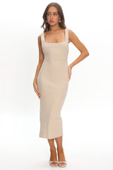 Sheena Square Neckline Side Split Midi Dress Beige