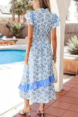 Hydrangea Floral Print Ruffle Trim Flutter Sleeve Dress