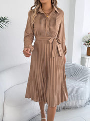 Pleated Tie Waist Balloon Sleeve Dress